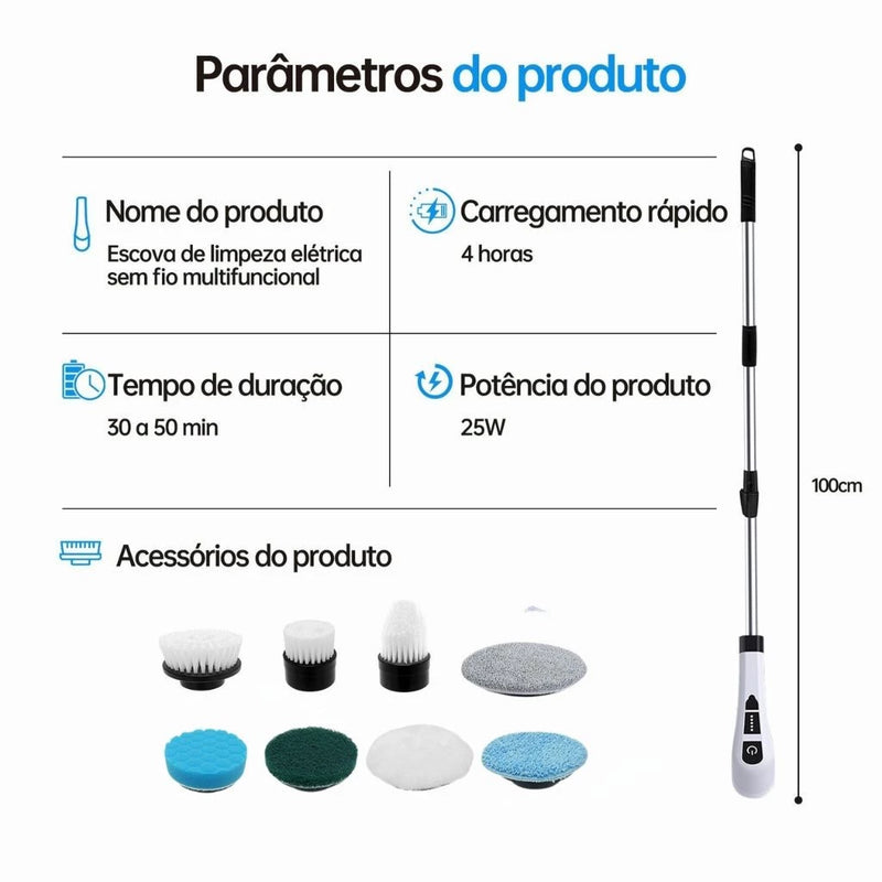 Escova Elétrica de Limpeza 9 em 1 – Sem Fio, Recarregável e Ajustável